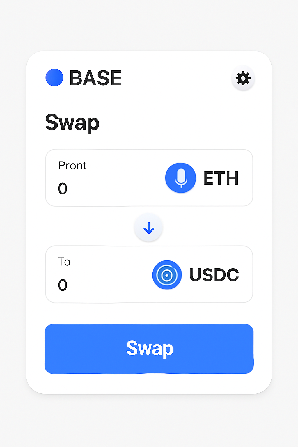 DEX swap interface on Base chain, colorful token icons ETH and USDC, clean DeFi UI
