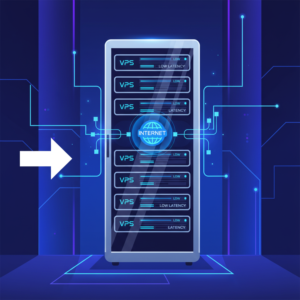 sleek modern server rack in glowing data center, low latency VPS setup, futuristic blue neon lights, high tech