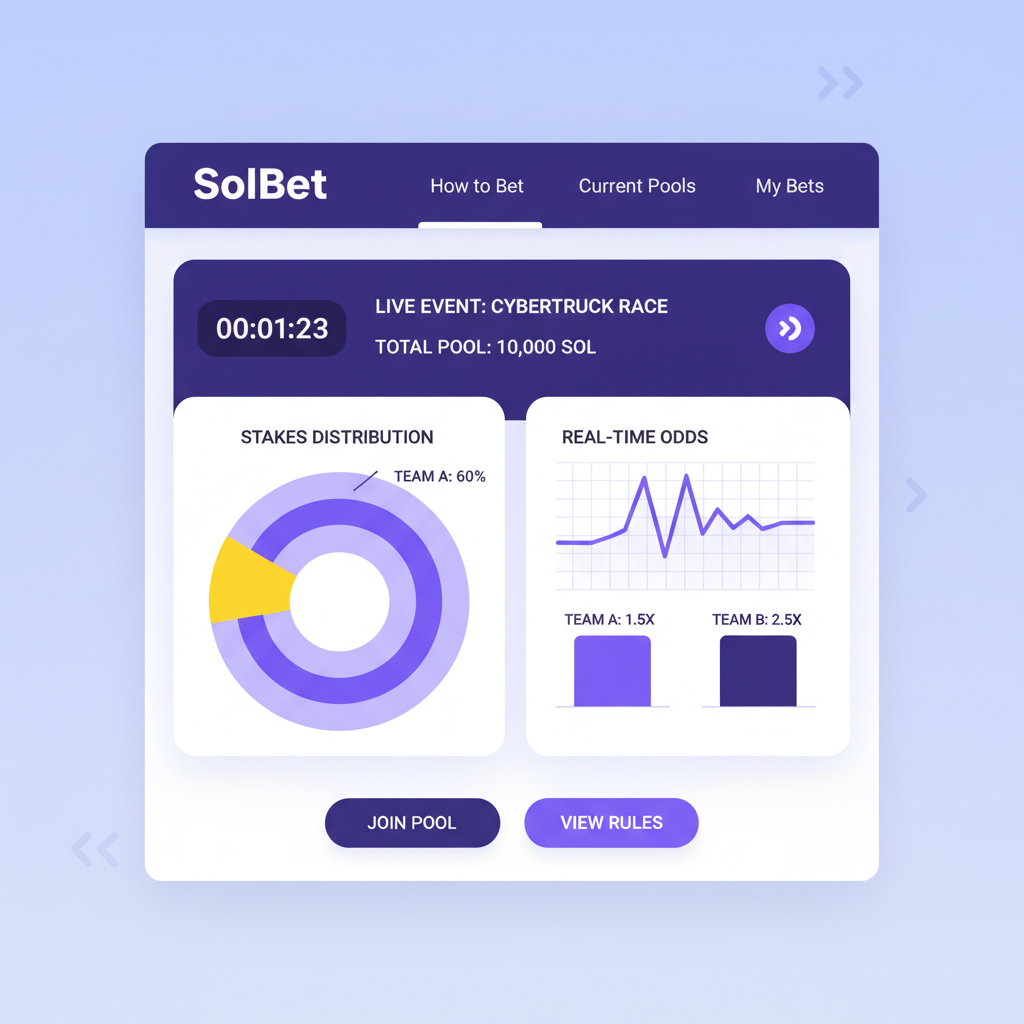 real-time betting pool dashboard on SolBet, graphs of stakes and odds, dynamic charts in purple tones
