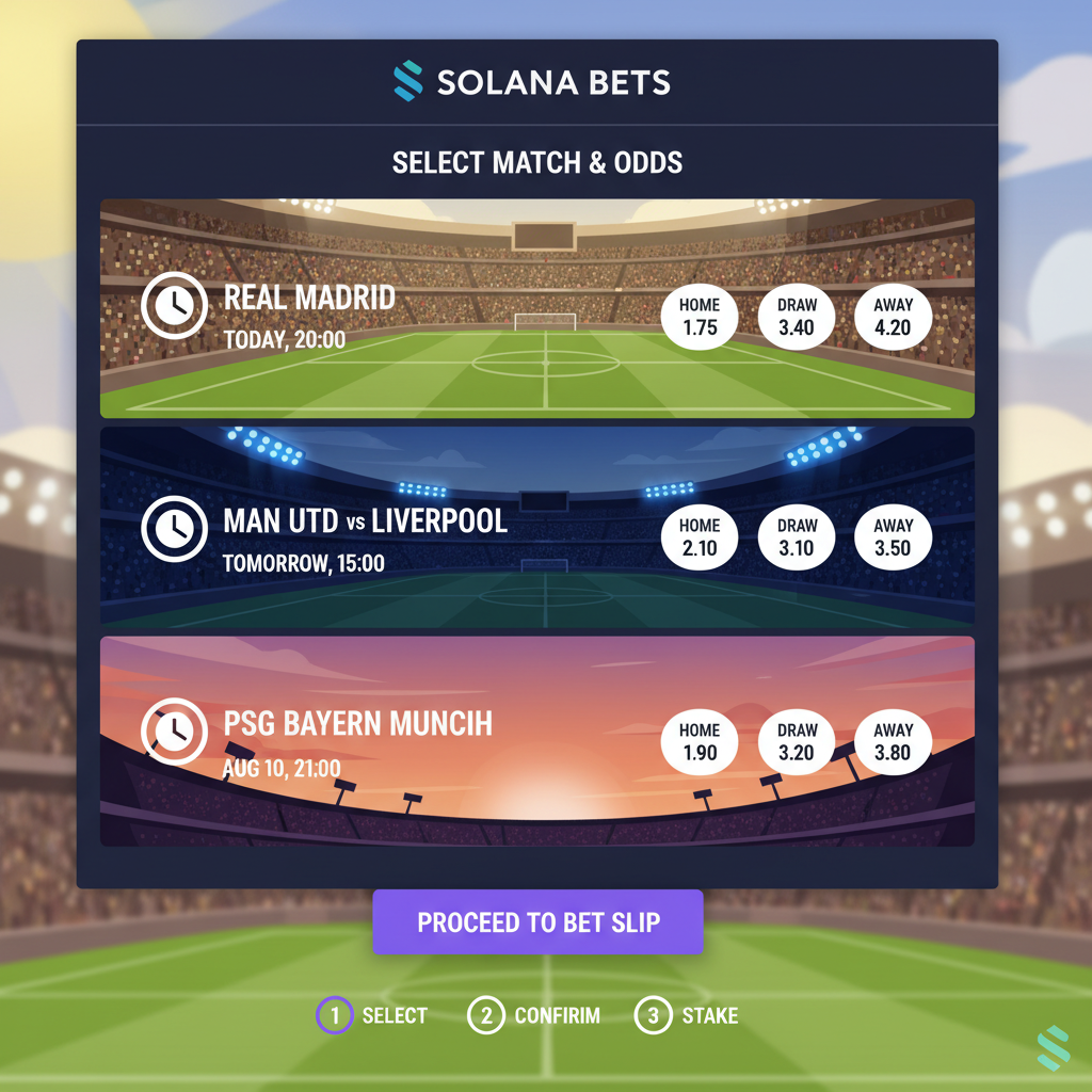sports betting event selection screen on Solana dApp, list of soccer matches with odds, vibrant stadium backgrounds
