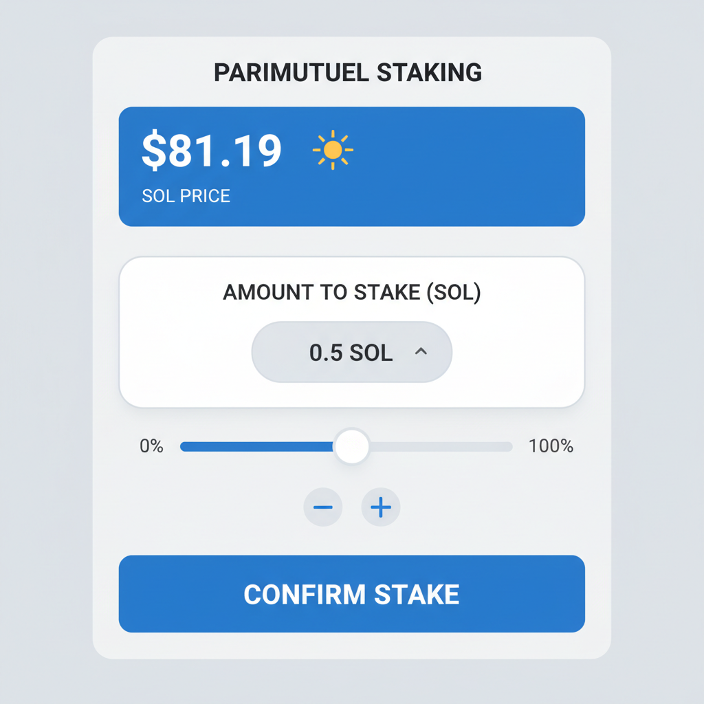 SOL staking input field on parimutuel betting interface, $81.19 price display, slider and confirm button