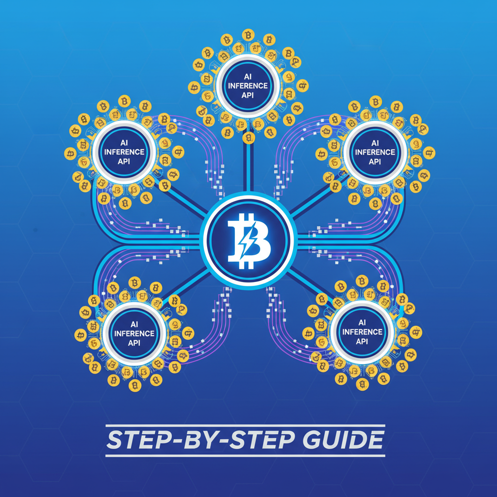 Bitcoin Lightning Network nodes connected to AI inference API with x402 micropayment icons, futuristic network diagram
