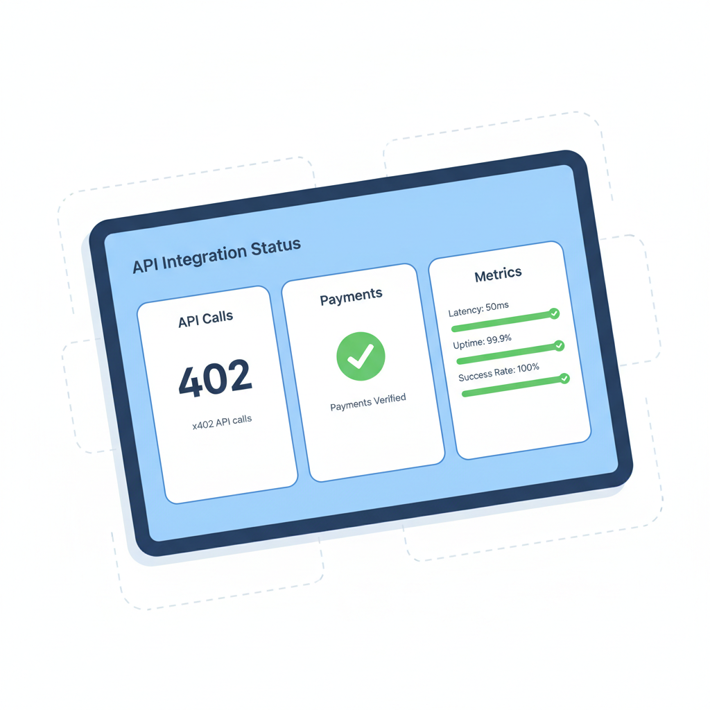 testing dashboard showing x402 API calls, payments verified, green success metrics, professional UI mockup