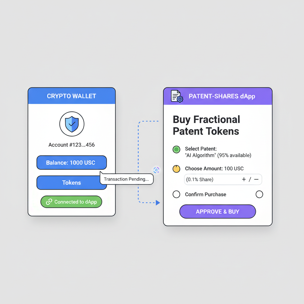 crypto wallet interface buying fractional patent tokens, wallet connected to dApp