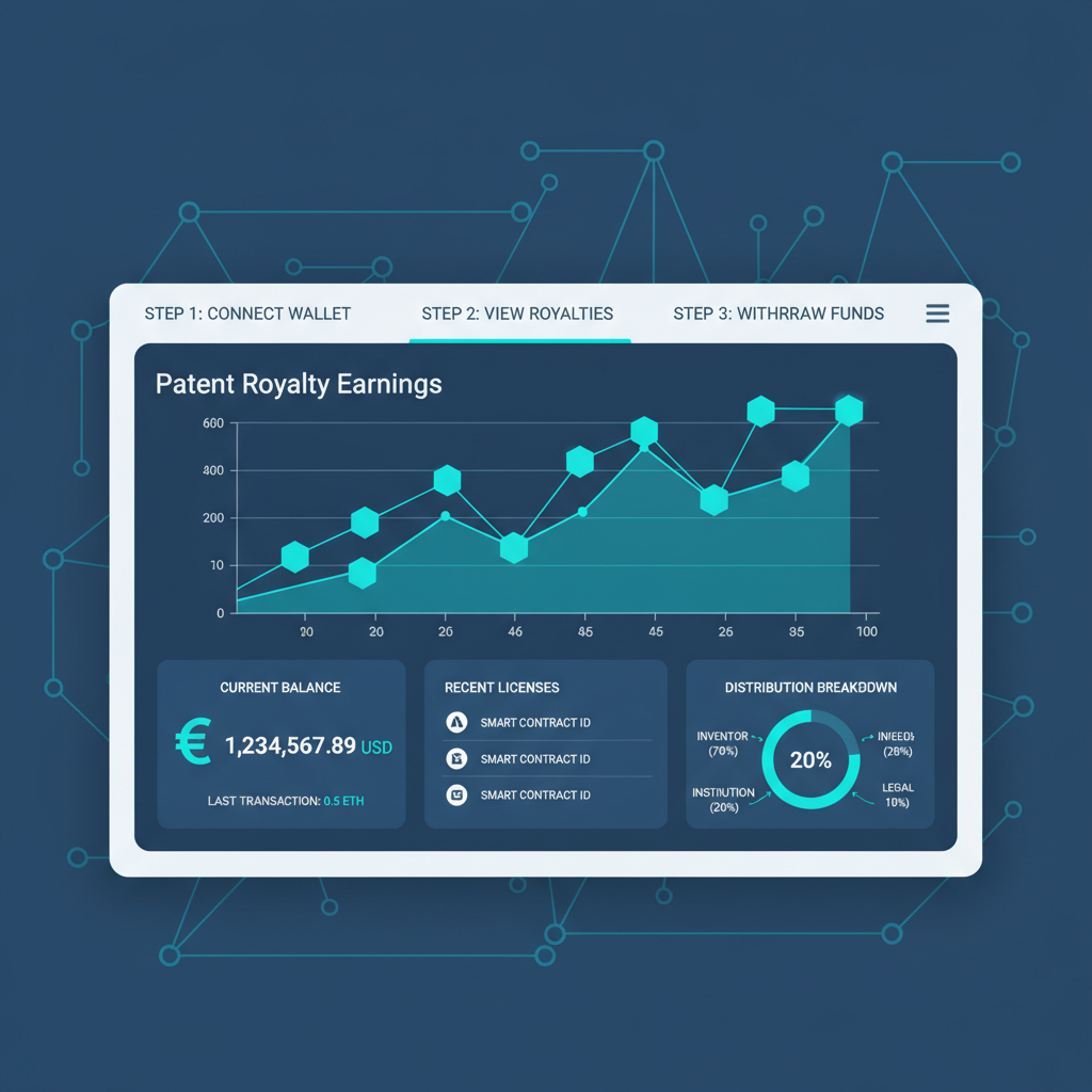 modern dashboard displaying patent royalty earnings graph, blockchain theme