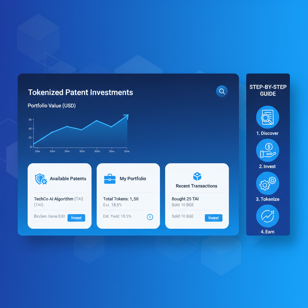 sleek blockchain platform dashboard for tokenized patent investments, modern UI, blue tones