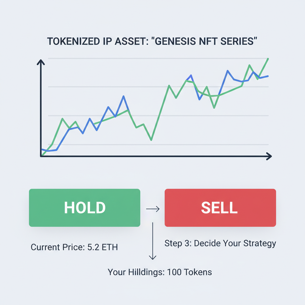 crypto trading chart with hold or sell buttons for tokenized IP assets