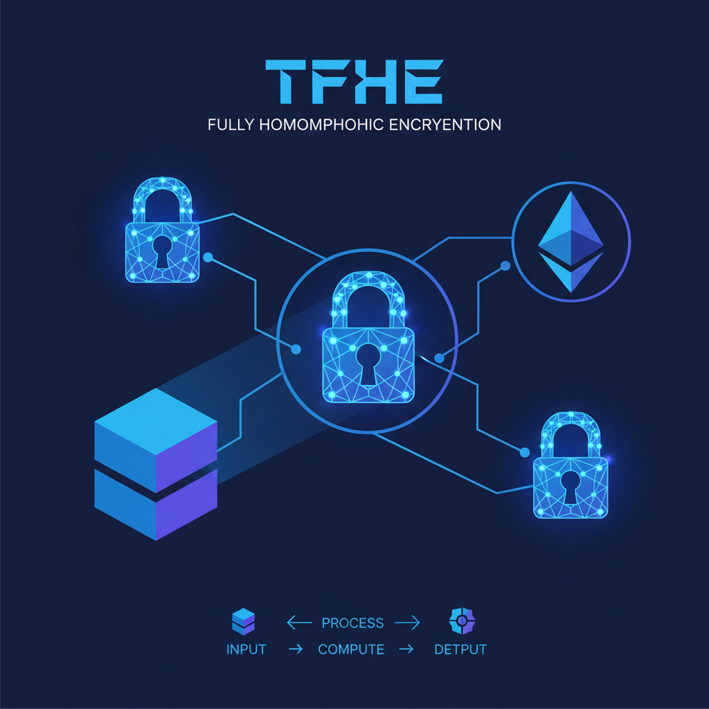 encrypting data with tfhe fully homomorphic encryption toolkit, glowing encrypted locks on ethereum symbols, cyber blue tones