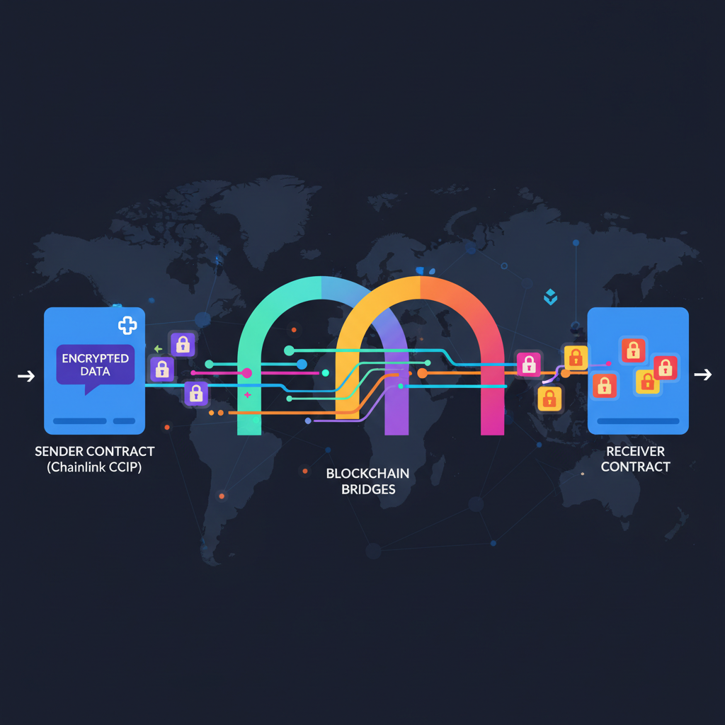 sending encrypted data cross-chain via chainlink ccip sender contract, data packets traveling through blockchain bridges, vibrant digital flow