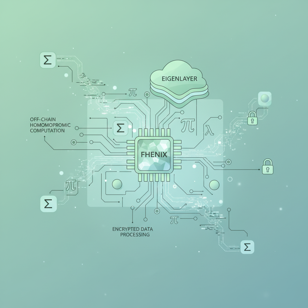 off-chain homomorphic computation fhe coprocessor fhenix eigenlayer, abstract math circuits processing encrypted data, ethereal green hues