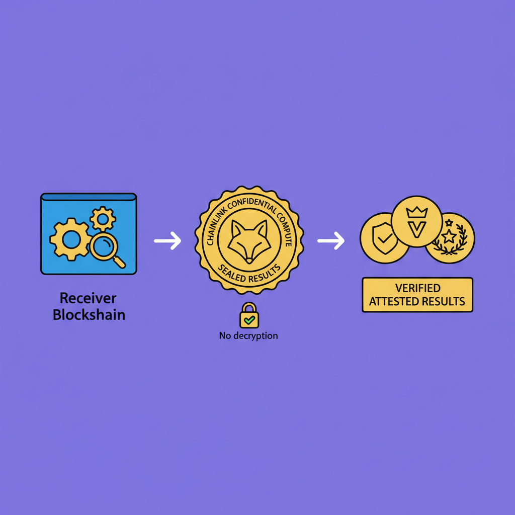 verifying attested results on receiver blockchain without decryption, chainlink confidential compute seal, golden verification icons on purple background