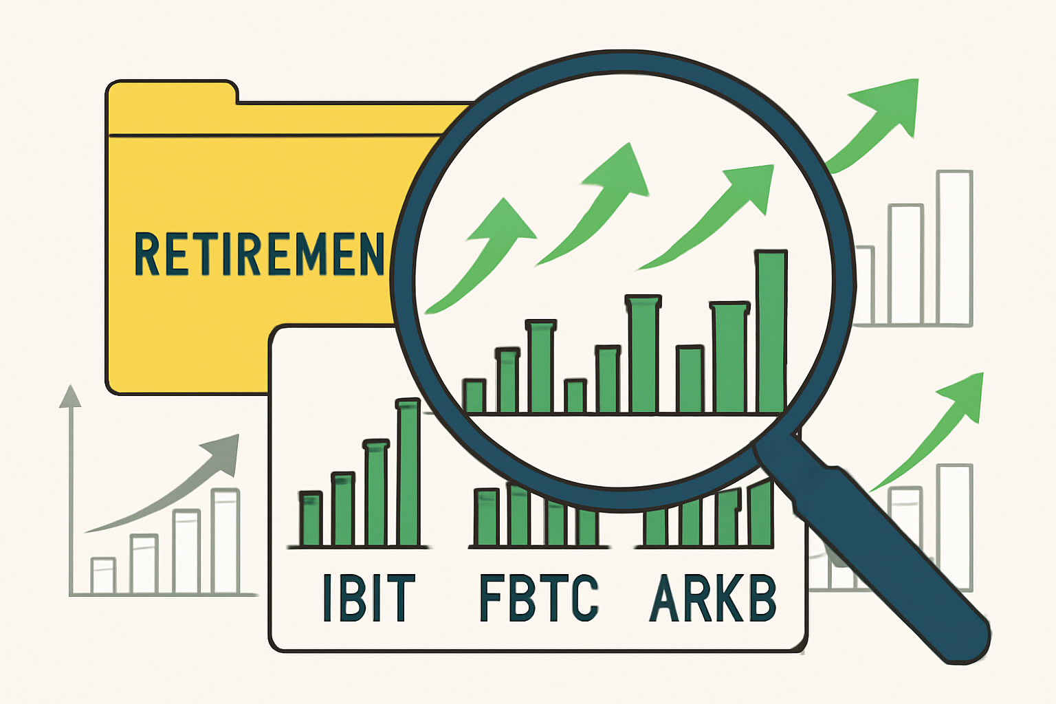 magnifying glass over charts of Bitcoin ETFs IBIT FBTC ARKB, green upward arrows, retirement folder background, clean financial graphs