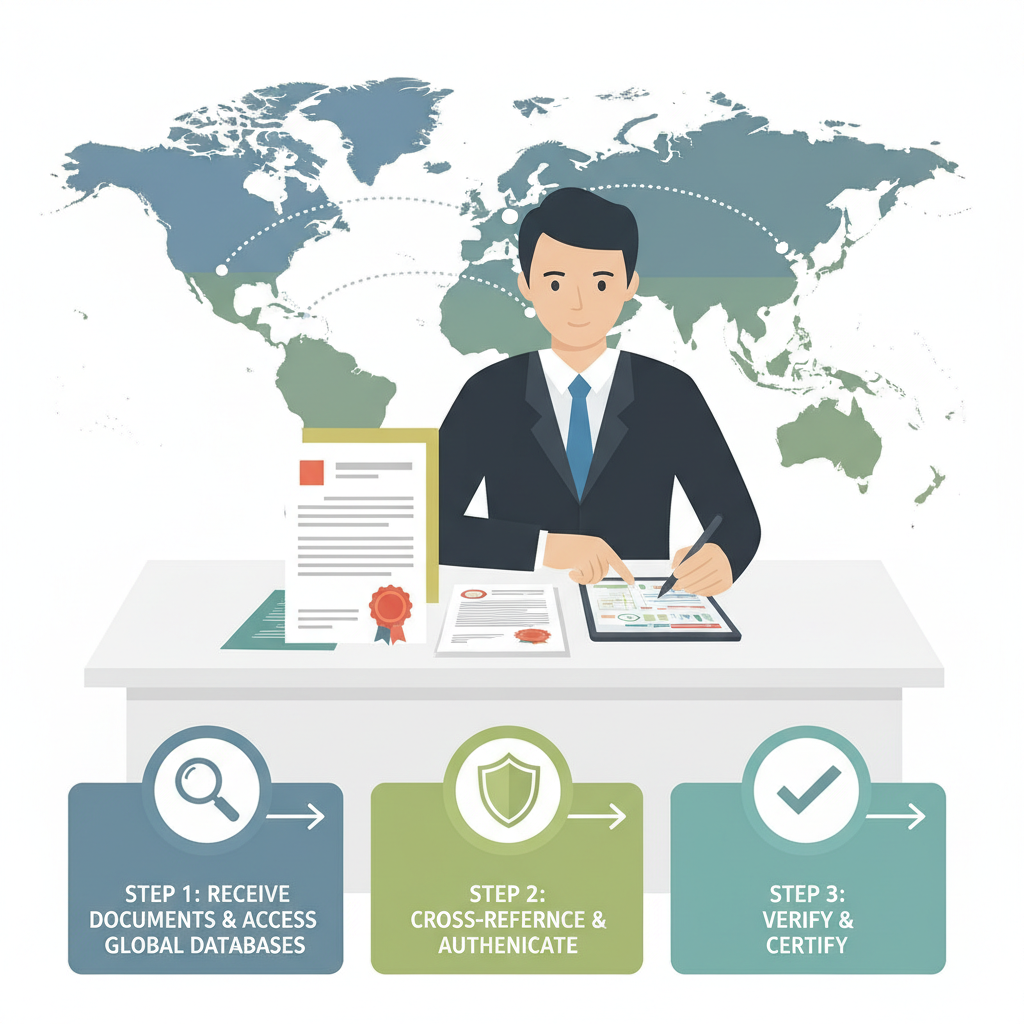 professional verifying official IP documents from global registries on desk with world map background
