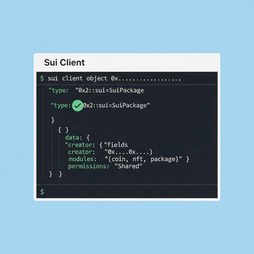 terminal displaying sui client object command verifying Sui package object