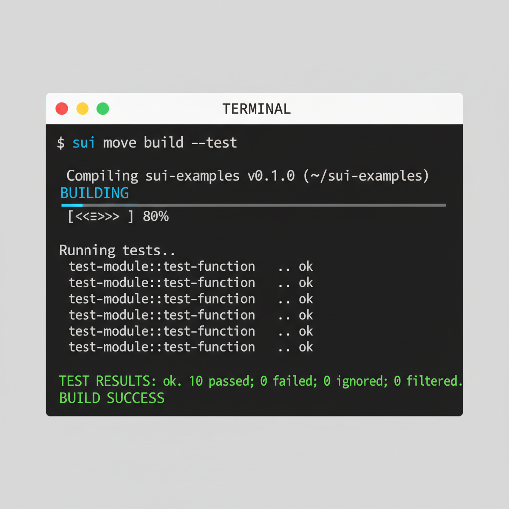 terminal window running sui move build --test command with green success output