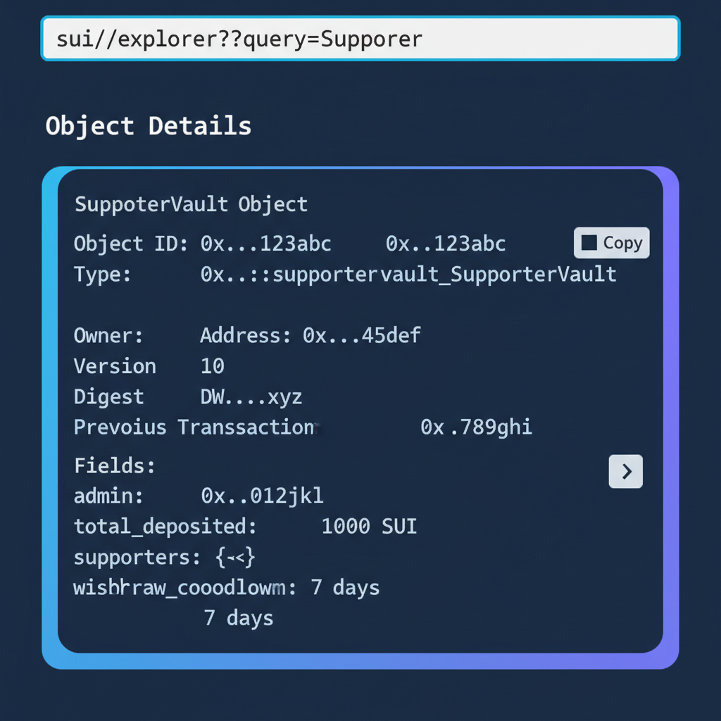 terminal output showing SupporterVault object details on Sui explorer style