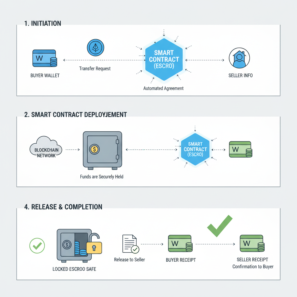 blockchain transaction flow from buyer wallet to locked escrow safe