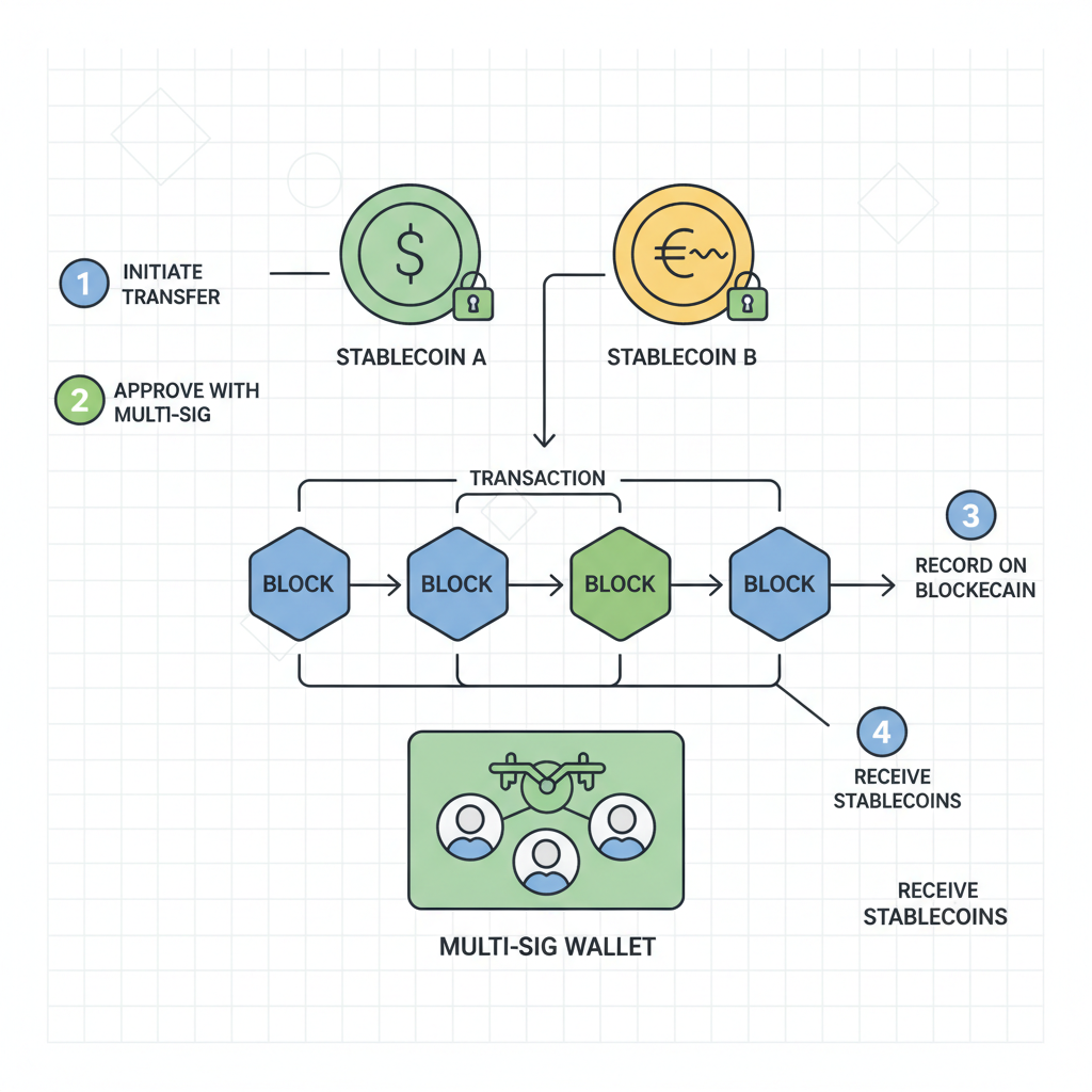 professional diagram of blockchain network with stablecoin icons and multi-sig wallet