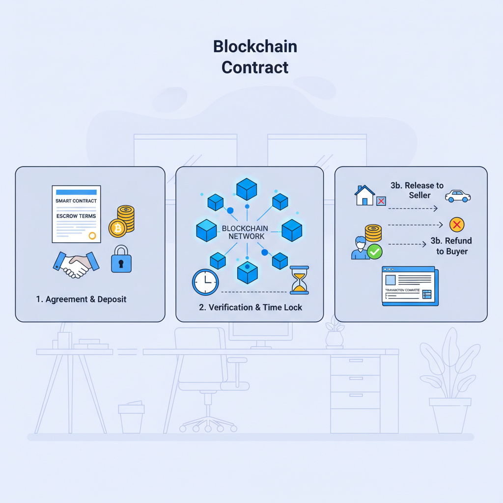 contract document with escrow terms, blockchain icons, professional office setting