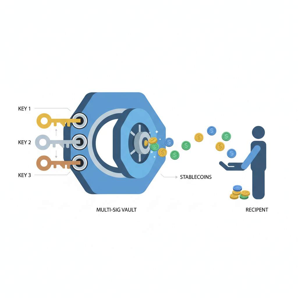 three keys unlocking multi-sig vault, stablecoins flowing to recipient