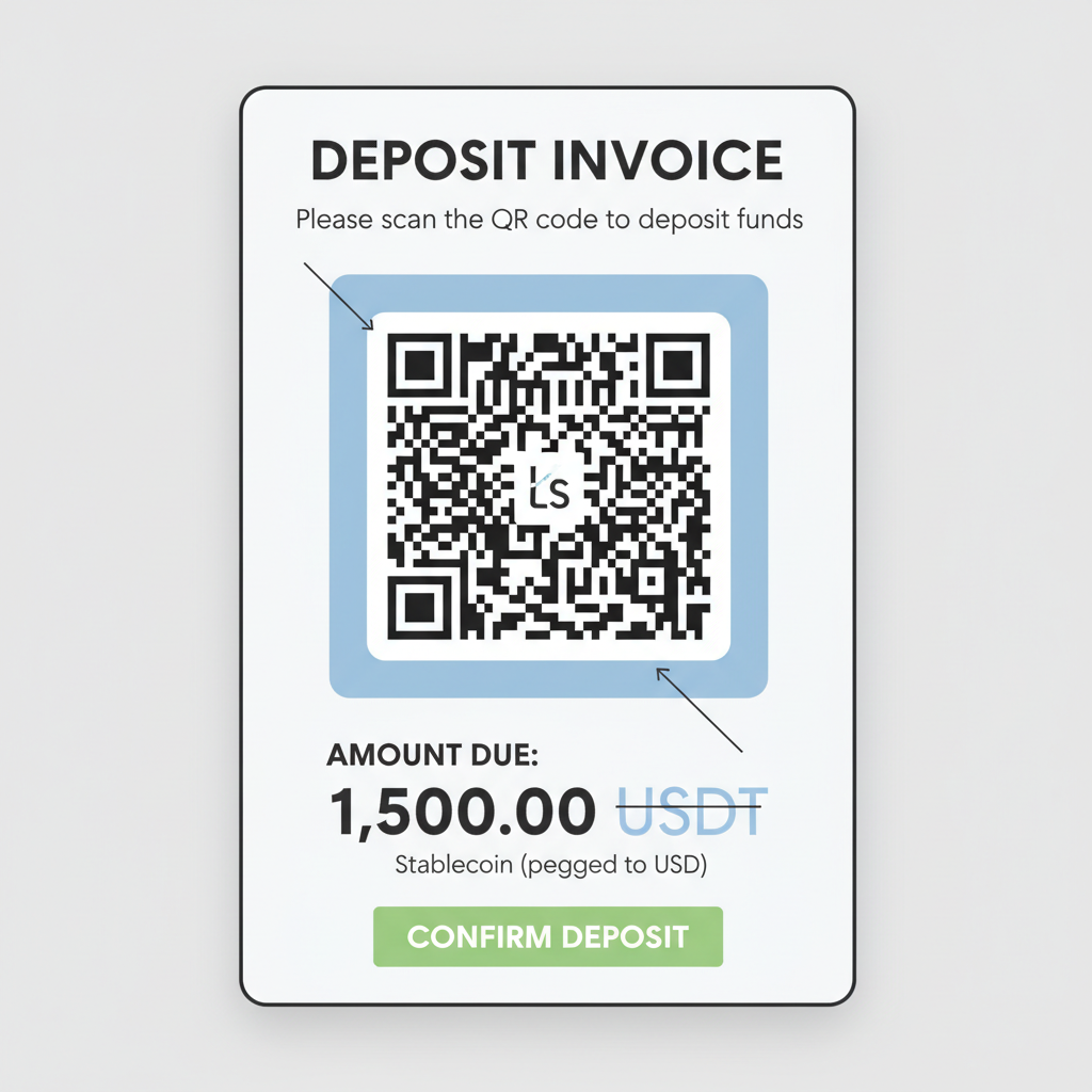 digital invoice screen showing stablecoin amount and QR code for deposit