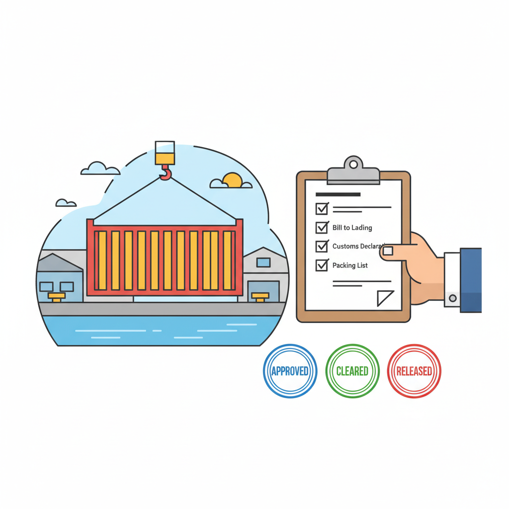 shipping container arriving, documents checklist, approval stamps