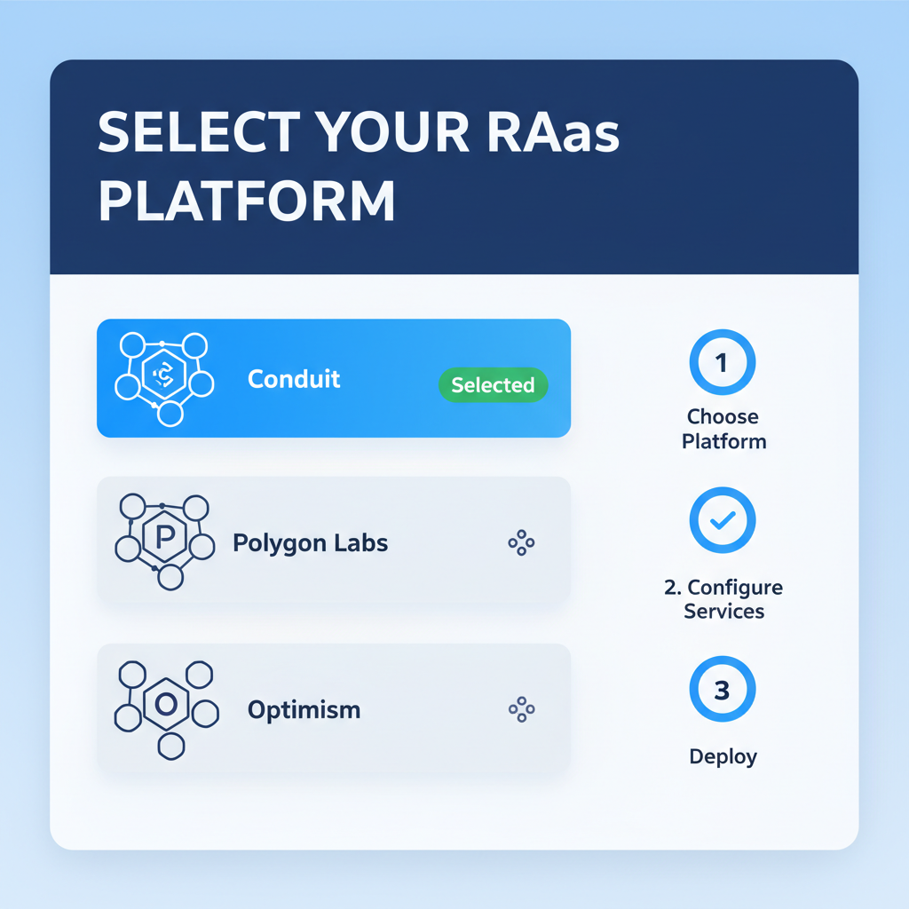 clean dashboard interface selecting RaaS platform like Conduit, modern UI, blockchain icons