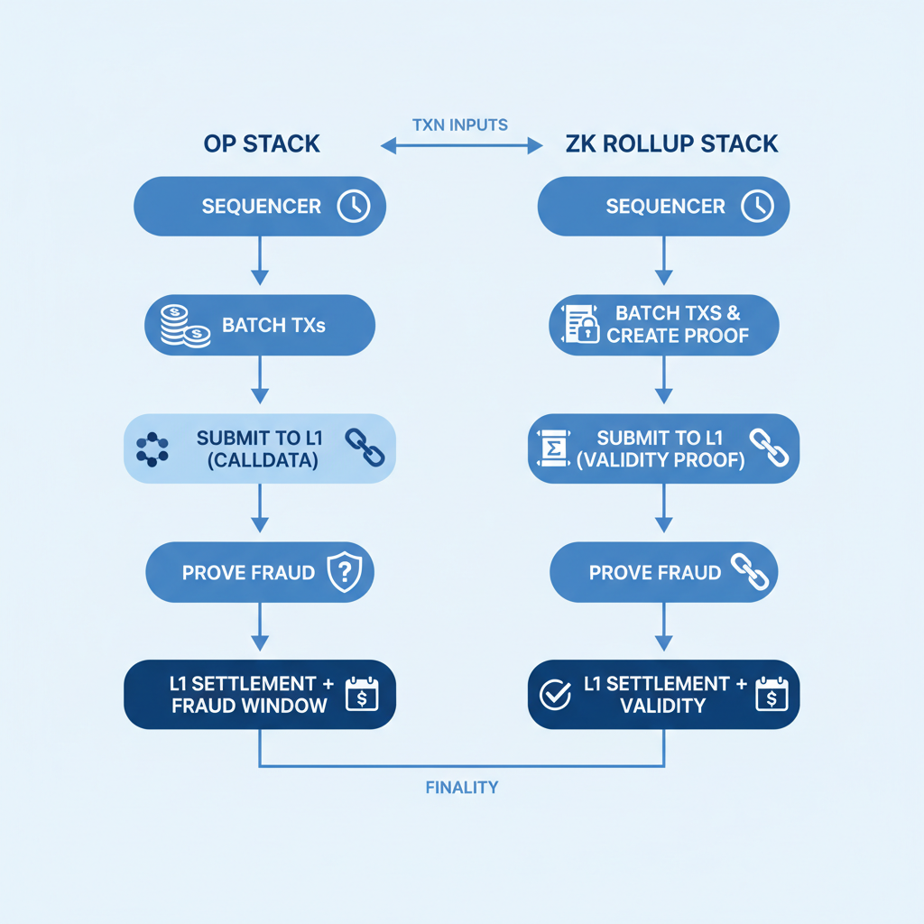 flowchart comparing OP Stack and ZK Rollup stacks, simple icons, blue tones