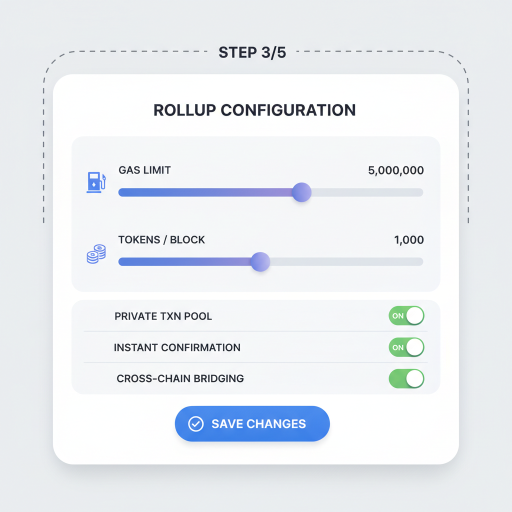 no-code customization panel for rollup params, sliders for gas limits and tokens, sleek design