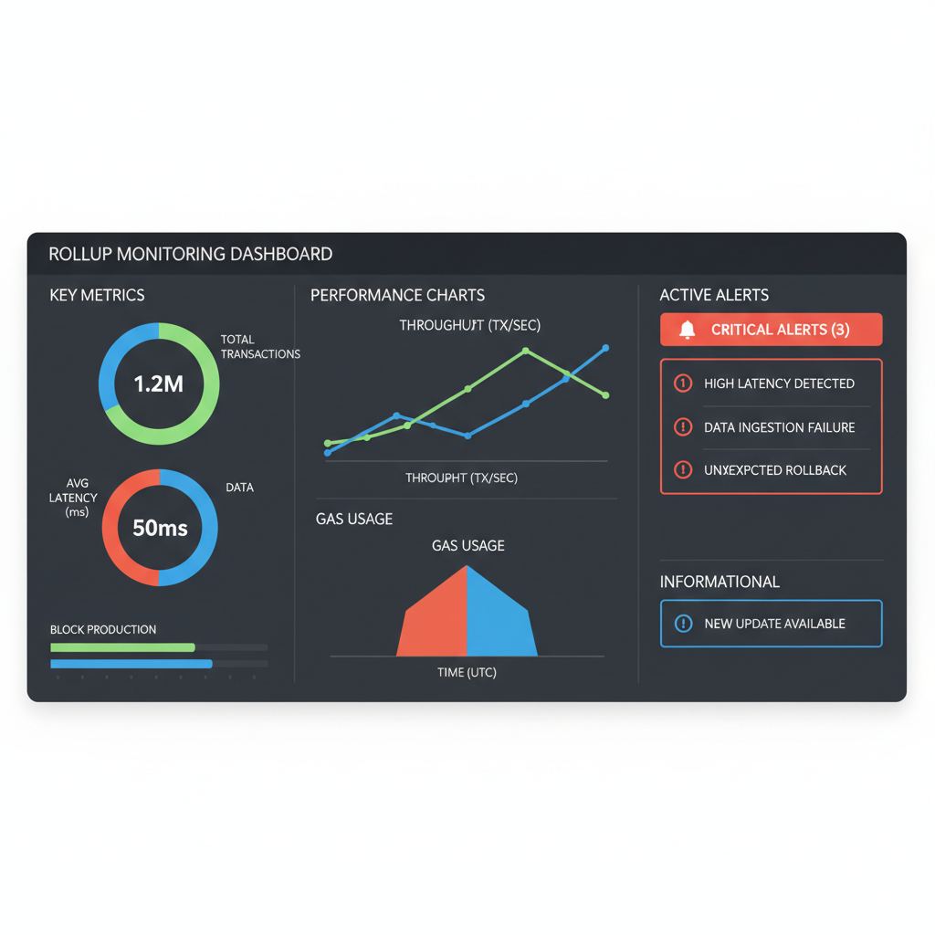 rollup monitoring dashboard with charts, metrics, alerts, dark mode professional UI
