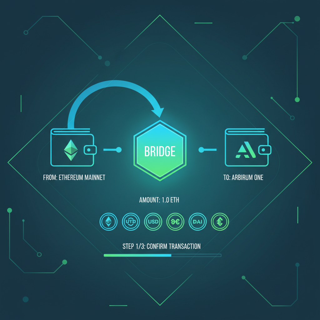 Wallet bridging ETH to Arbitrum network, futuristic DeFi dashboard glowing with stablecoin icons, cyberpunk style, vibrant blues and greens