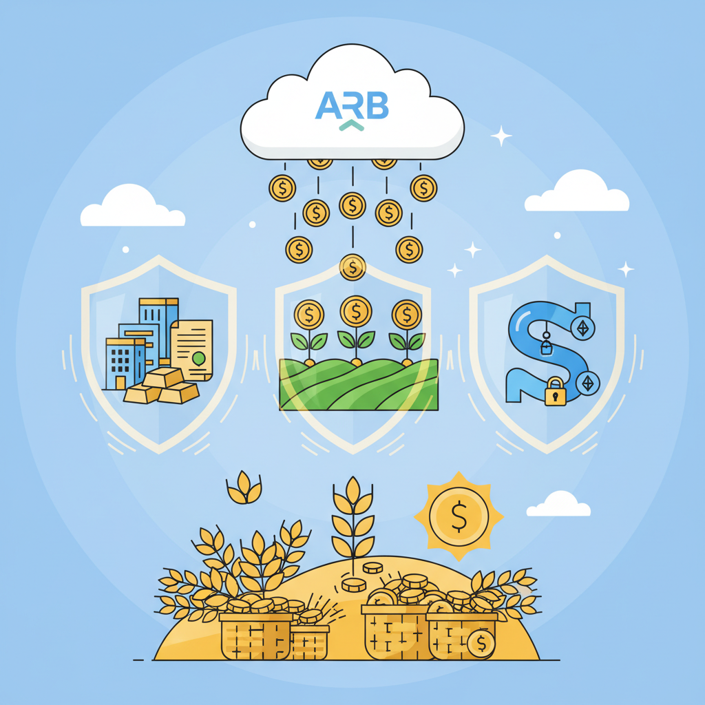 ARB token incentives raining on yield farm, RWA assets and liquid staking icons, protective shield hedges, golden harvest scene