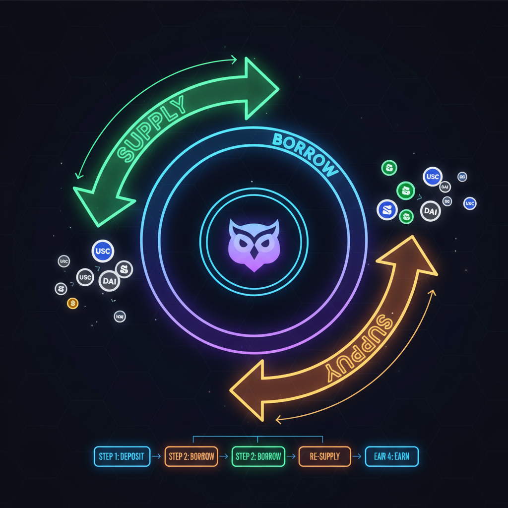 DeFi looping animation, arrows showing borrow-supply cycle on Aave, stablecoin icons multiplying, dynamic flowchart neon glow