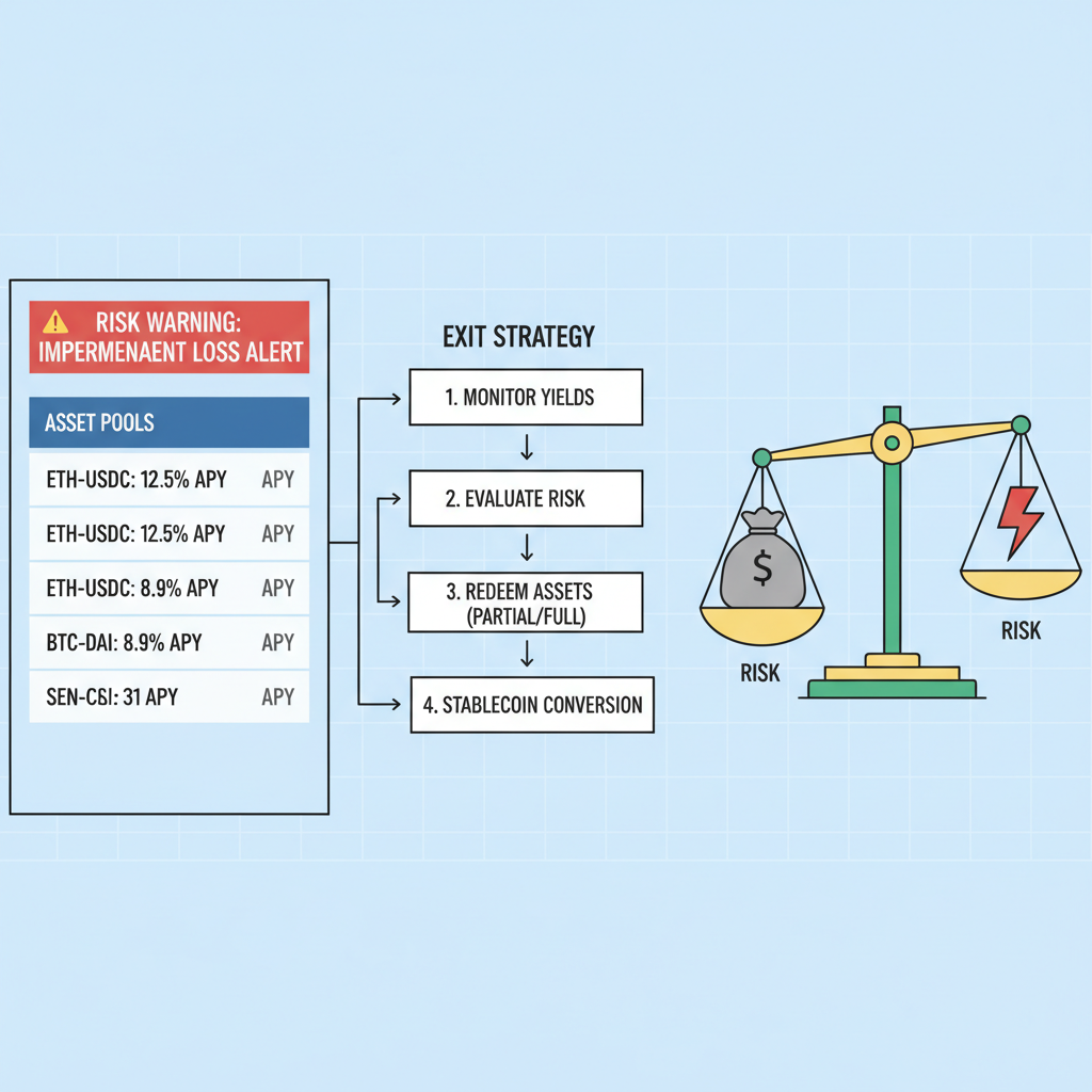 DeFi dashboard monitoring yields, risk warning alerts, exit strategy flowchart, balanced scales of reward vs risk