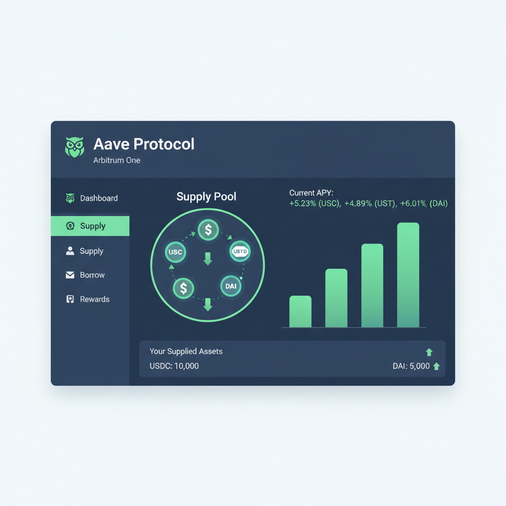 Aave lending interface on Arbitrum, stablecoins flowing into supply pool, green yield graphs rising, sleek UI screenshot style