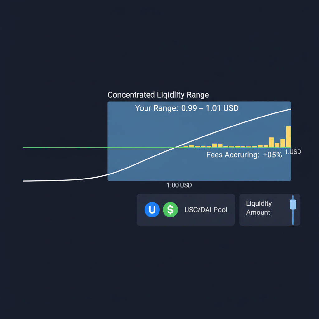 Uniswap V3 liquidity position chart, concentrated range highlighted around stablecoin peg, fees accruing, dark mode interface