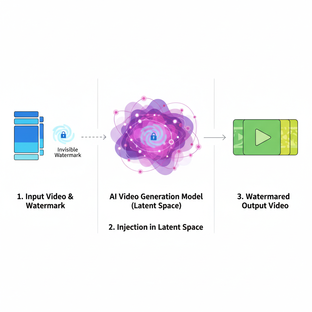 visualization injecting invisible watermark into video latent space during AI generation
