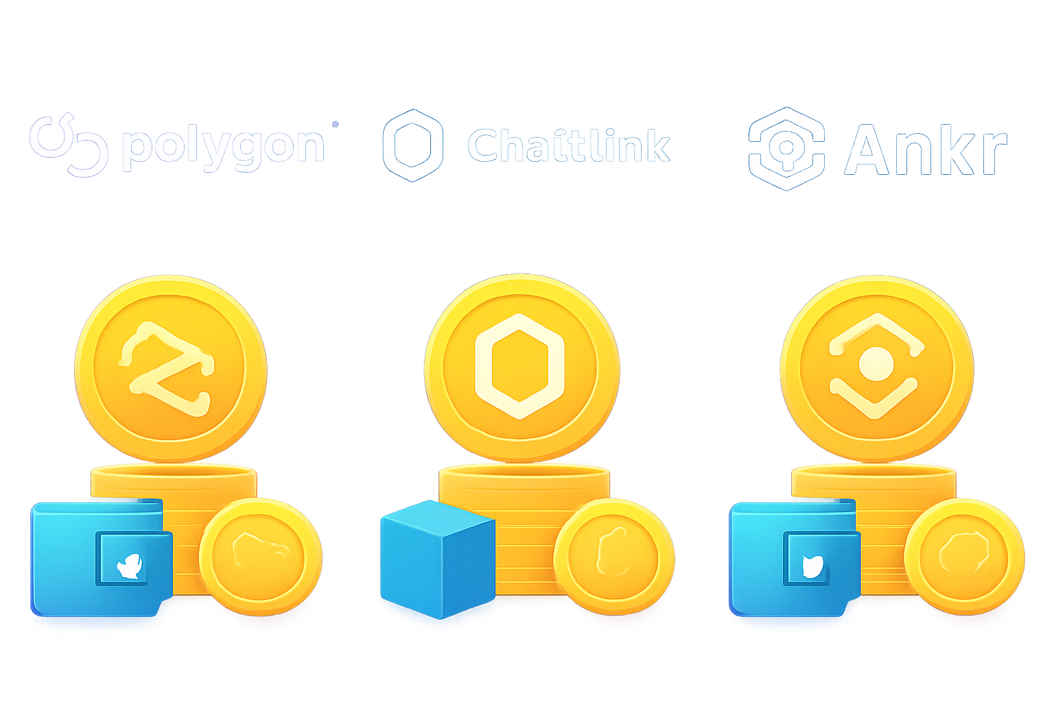 A split image showing the logos of Polygon, Chainlink, and Ankr with digital tokens and DeFi icons, vibrant, futuristic style