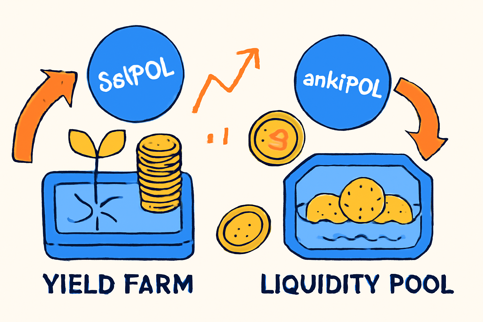 Digital tokens ($stPOL, ankrPOL) being placed into DeFi protocol icons (yield farms, liquidity pools), with coins and growth arrows, energetic style