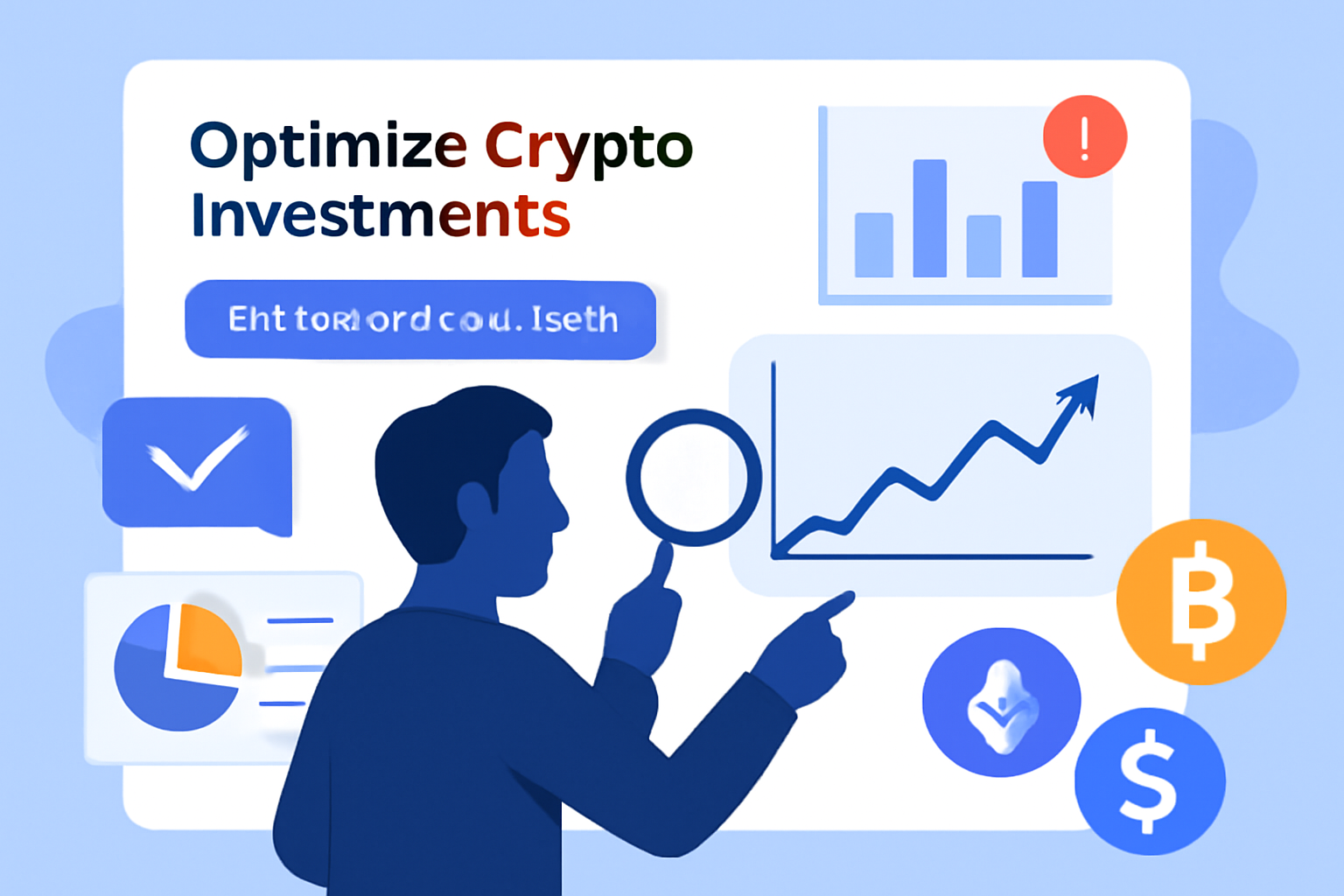 A dashboard with charts, notifications, and digital tokens, showing a user reviewing and optimizing crypto investments, dynamic and modern