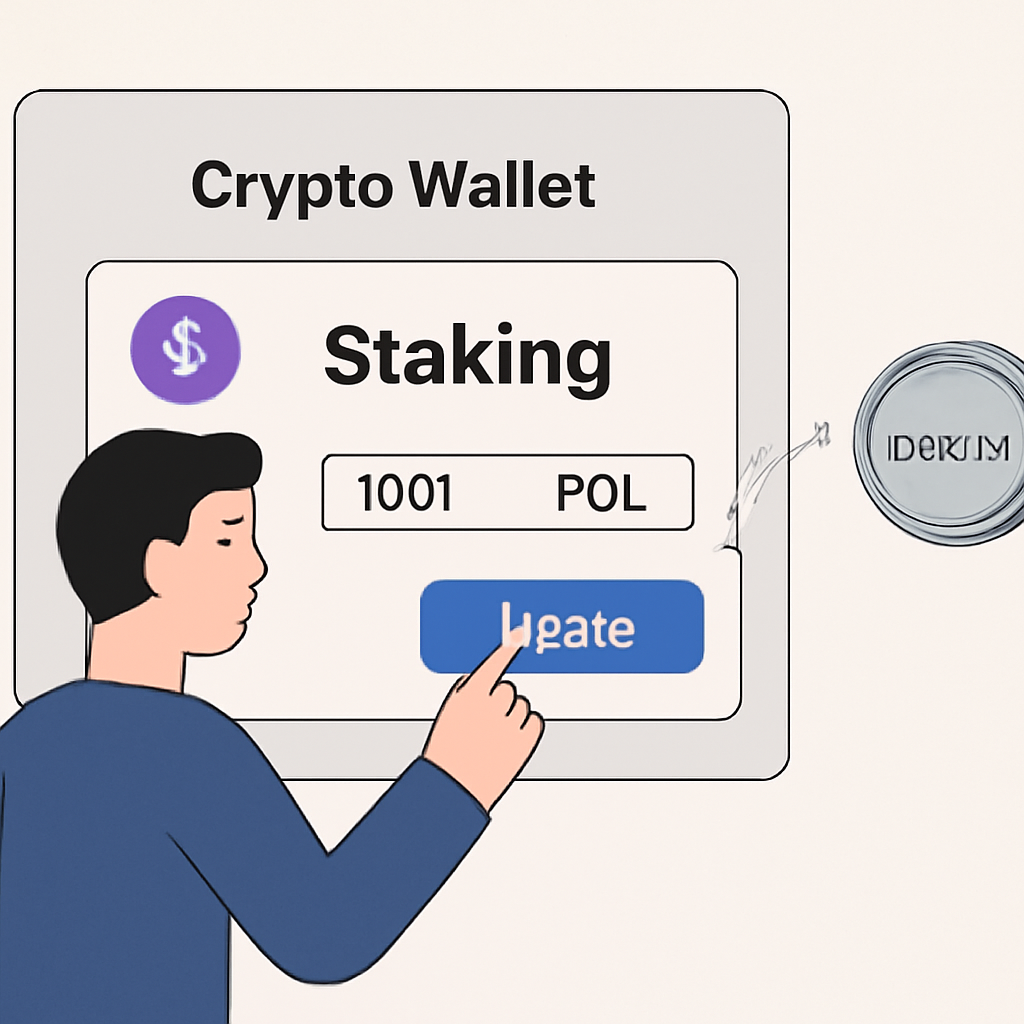 A user interacting with a crypto wallet interface, staking POL tokens, receiving digital tokens as proof, modern UI, clear visuals