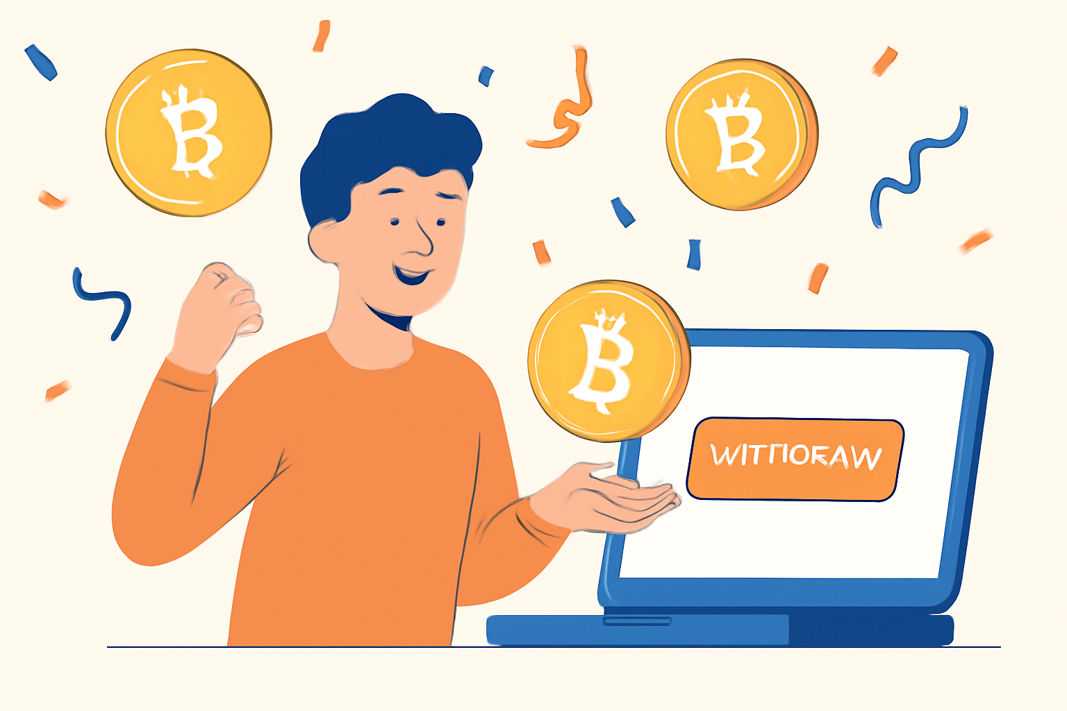 A user happily withdrawing crypto rewards from a digital platform, coins and confetti, celebratory atmosphere, clear visuals