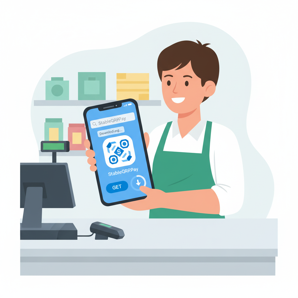 cashier smiling holding smartphone downloading StableQRPay app from app store, modern retail counter background