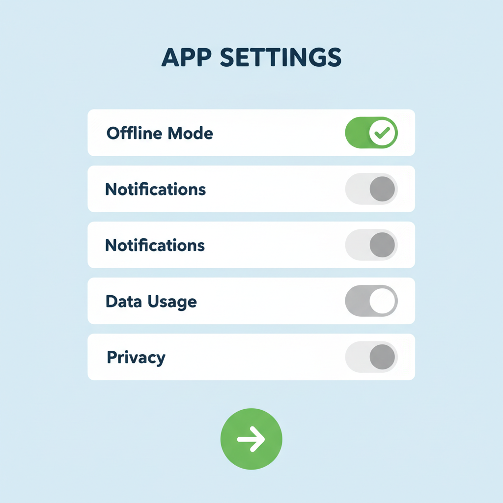 app settings screen with offline mode toggle switched on, green checkmark, simple UI