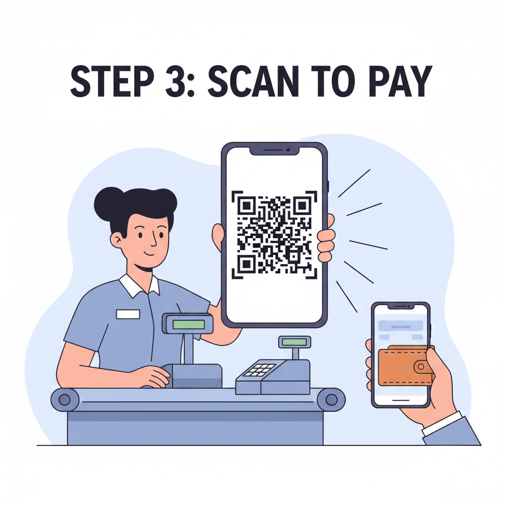 cashier displaying large scannable QR code on smartphone screen to customer wallet