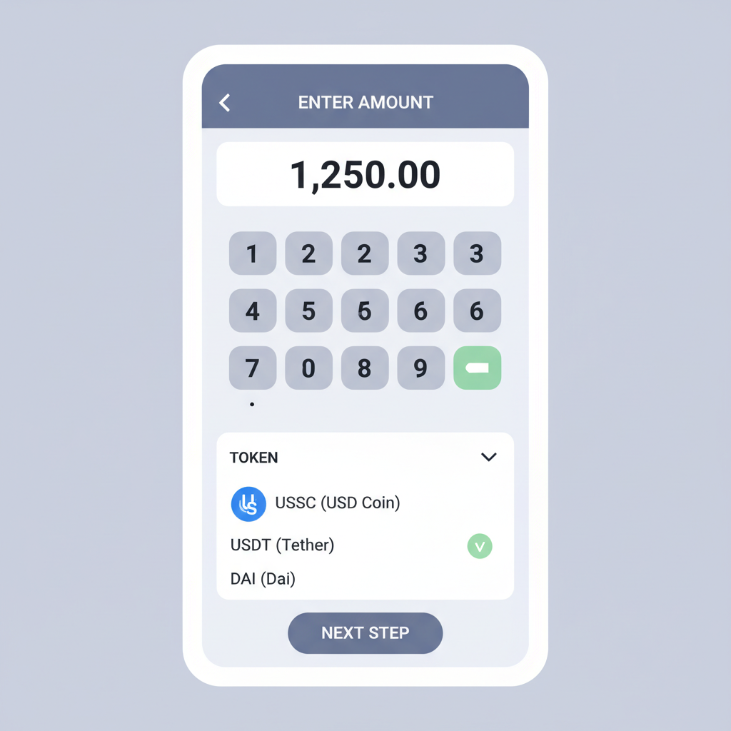 app interface with numeric keypad for amount entry and stablecoin token dropdown selector