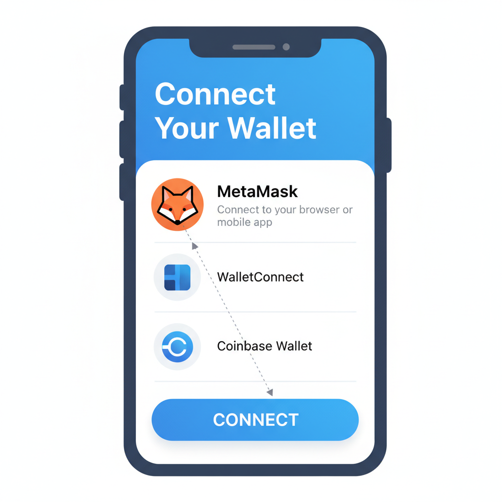 mobile app screen showing self-custodial wallet connection interface with MetaMask icon