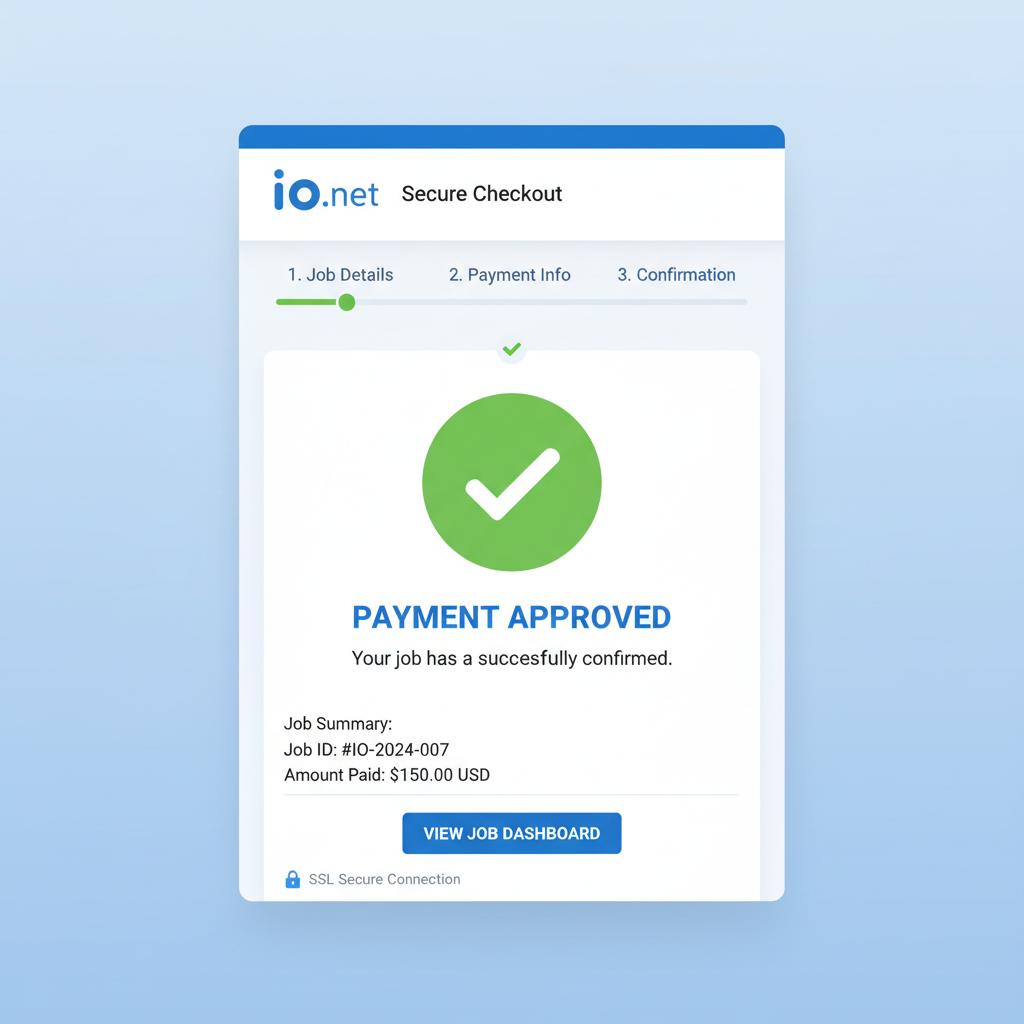 job confirmation screen with payment approval on io.net, secure checkout style