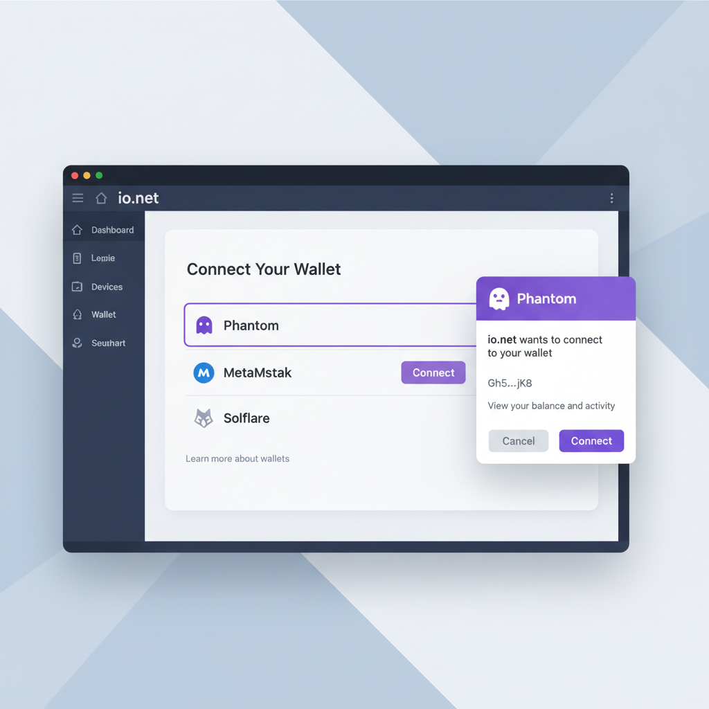 clean UI screenshot of connecting Phantom wallet to io.net dashboard, modern web interface