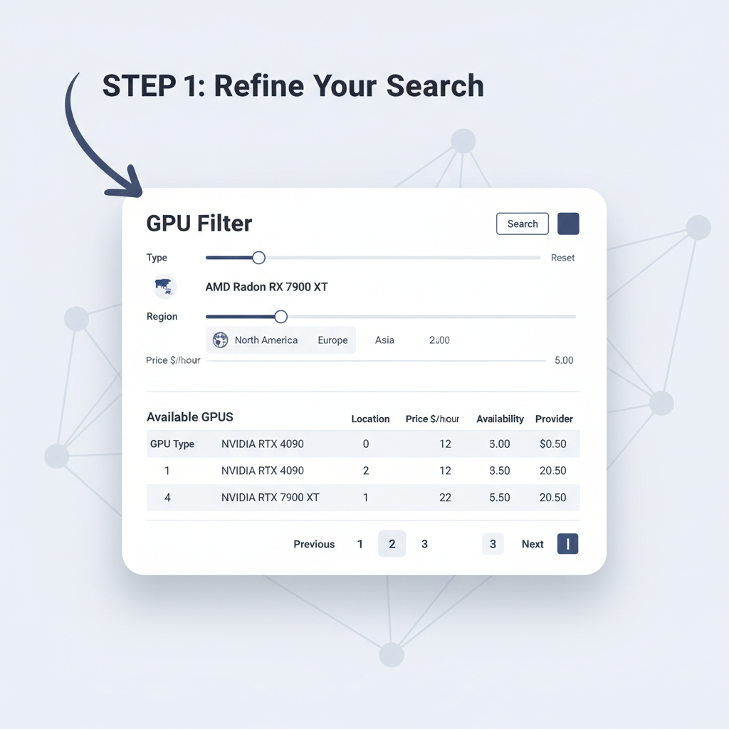 GPU filter panel on io.net with type region price sliders, data table view